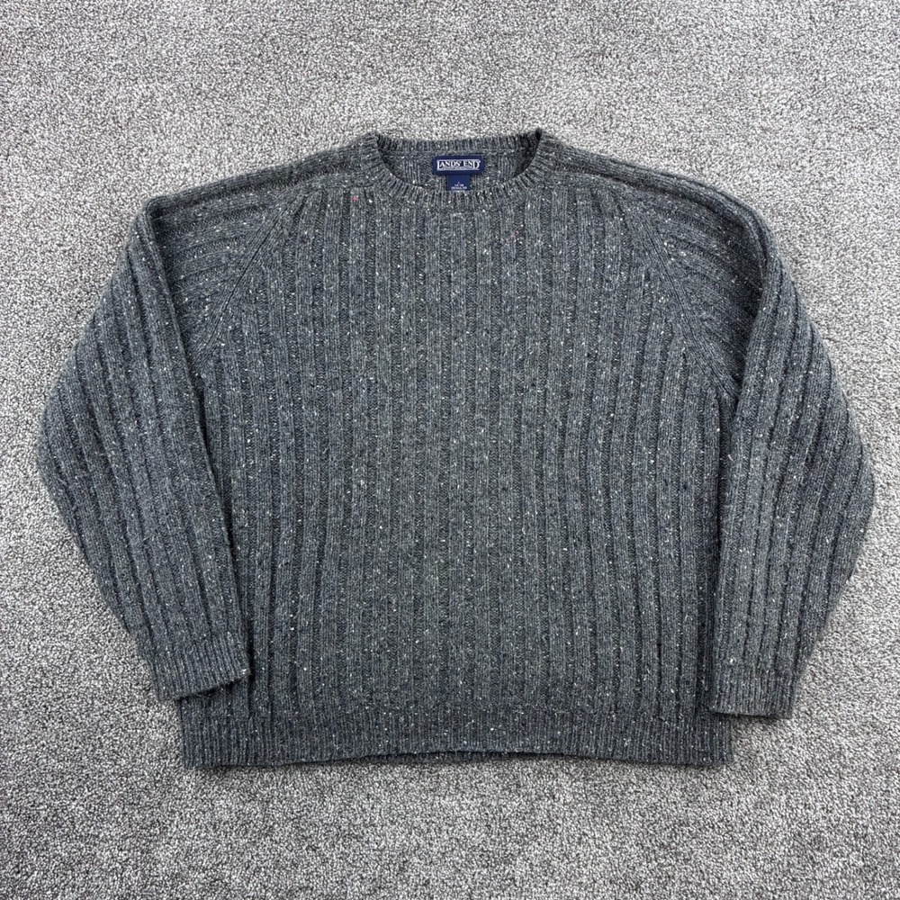 Vintage Lands End Sweater Women's L Gray Lambswool Blend Ribbed Knit Fisherman